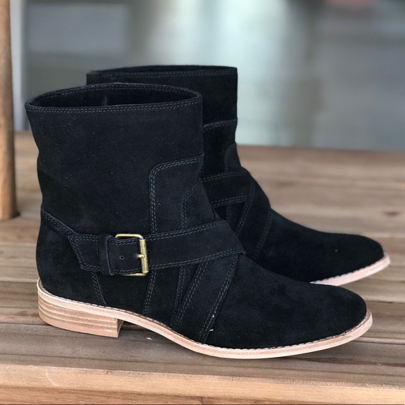 Splendid Shoes - Black Suede Mid Calf Ankle Buckle Flat Boots